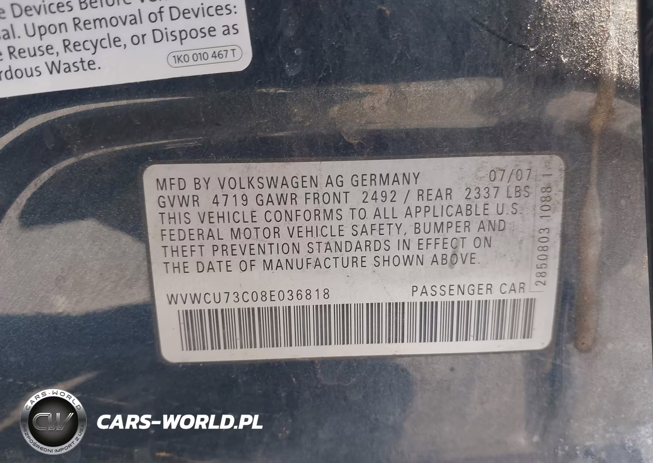 2008 Volkswagen Passat Vr6 VIN:WVWCU73C08E036818 - 9