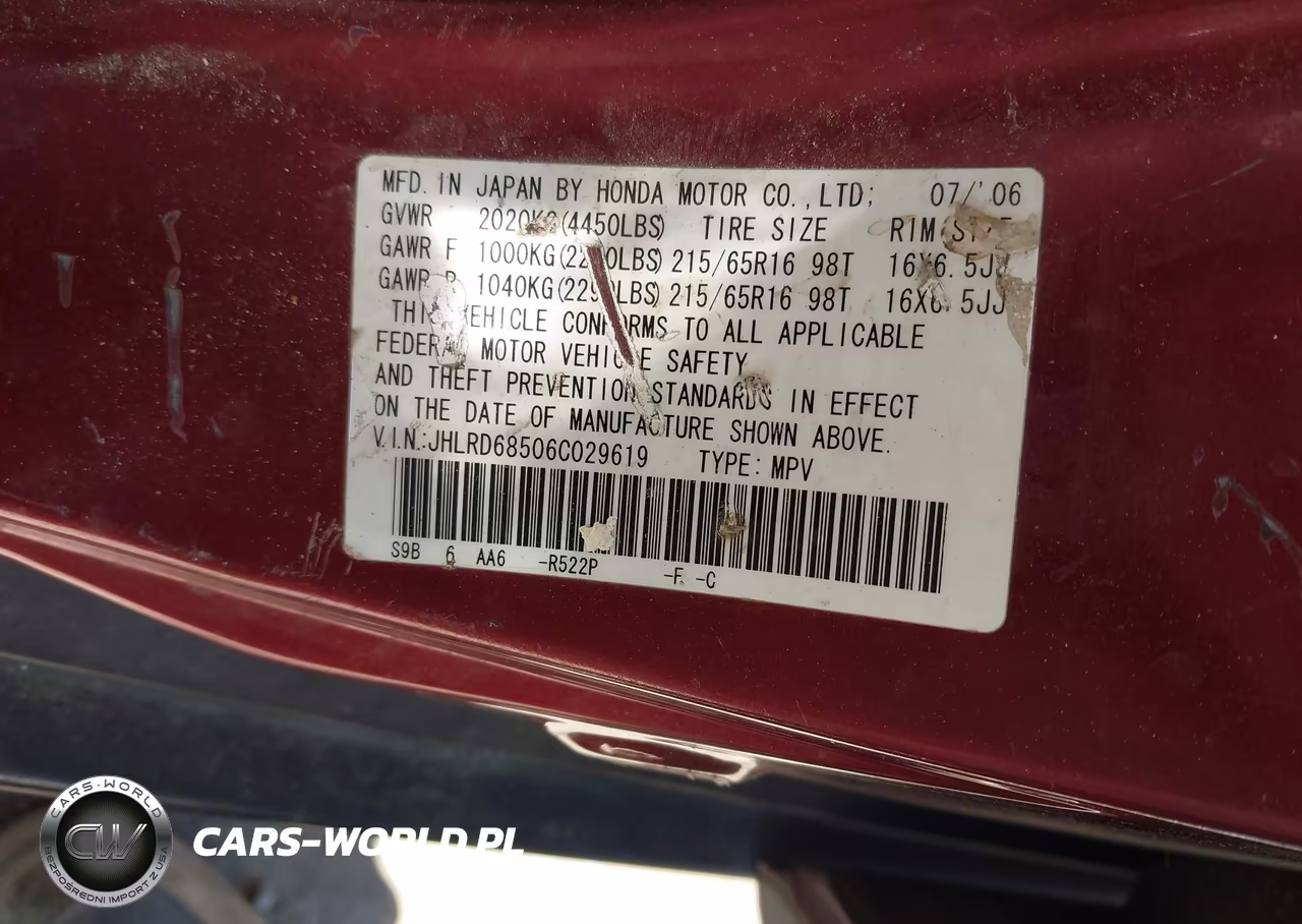 2006 Honda Cr-V Lx VIN:JHLRD68506C029619 - 9