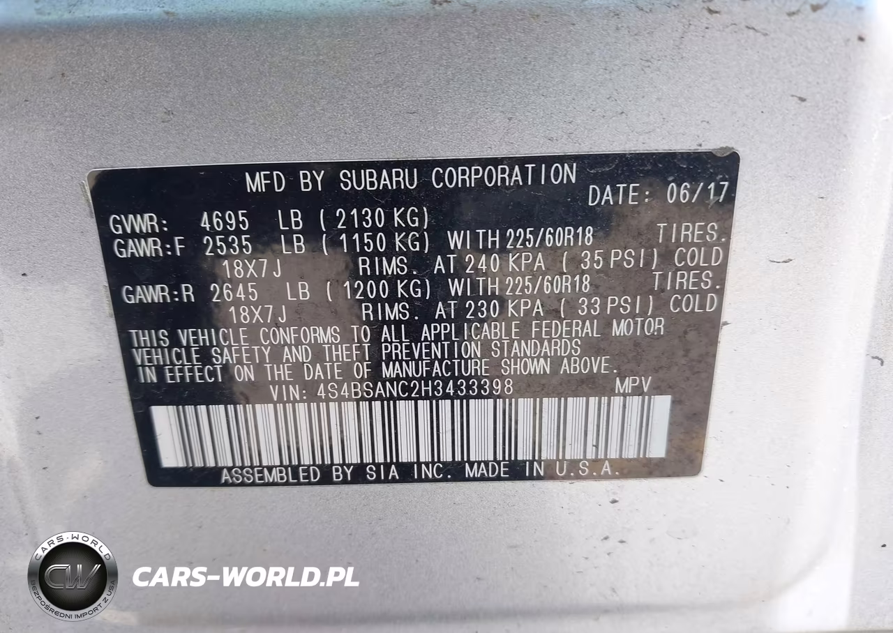 2017 Subaru Outback 2.5I Limited VIN:4S4BSANC2H3433398 - 9