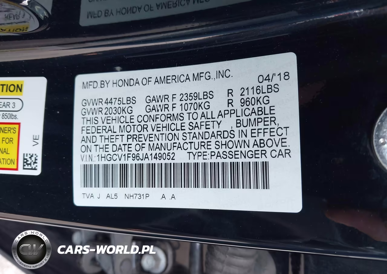 2018 Honda Accord Touring VIN:1HGCV1F96JA149052 - 9
