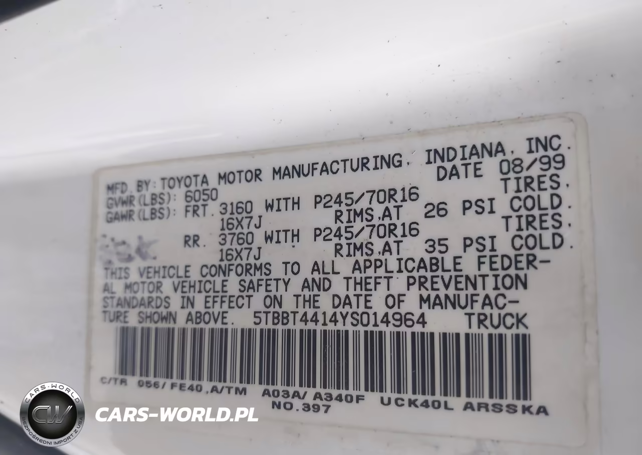 2000 Toyota Tundra Sr5 V8 VIN:5TBBT4414YS014964 - 9