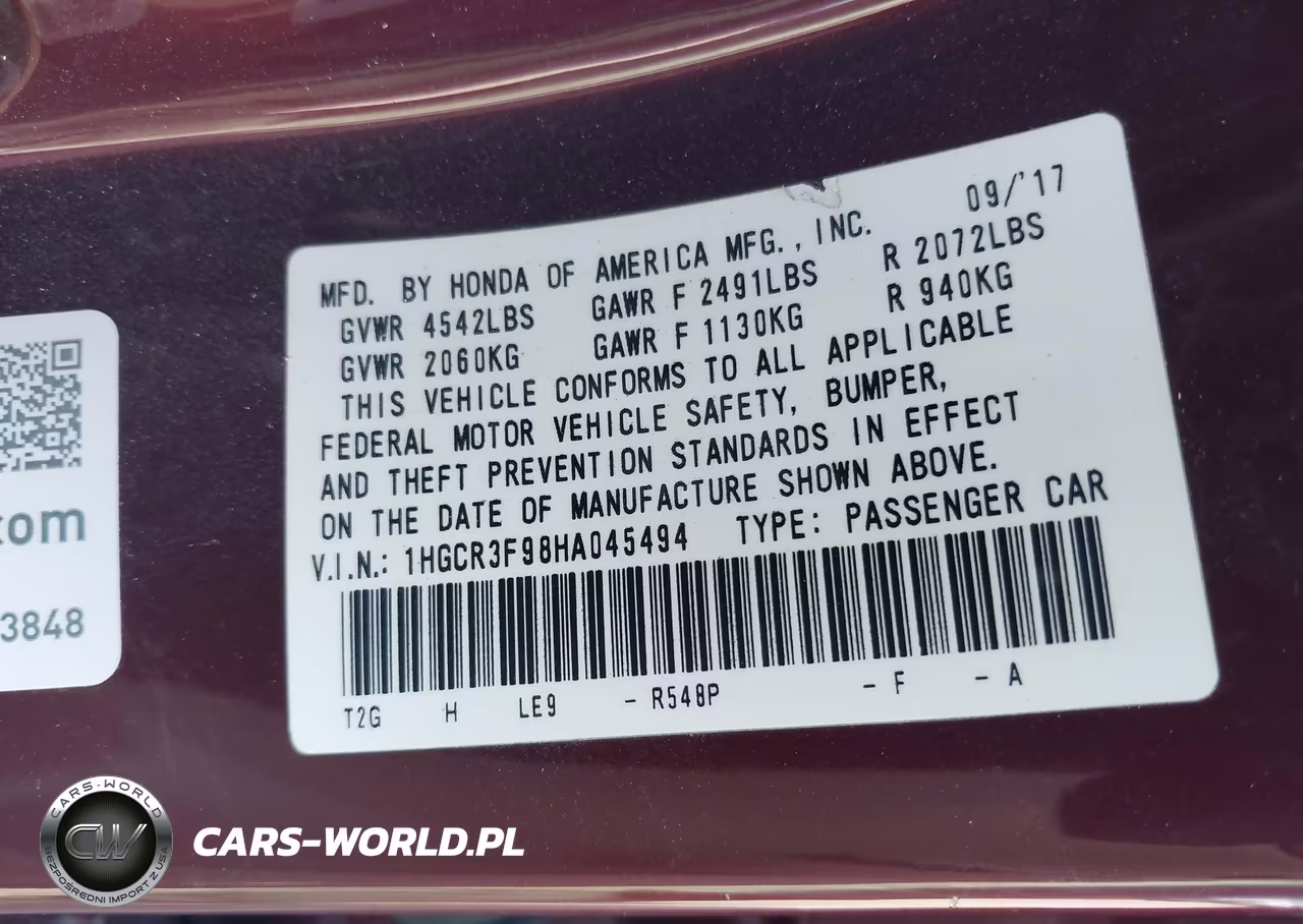 2017 Honda Accord Touring V6 VIN:1HGCR3F98HA045494 - 9