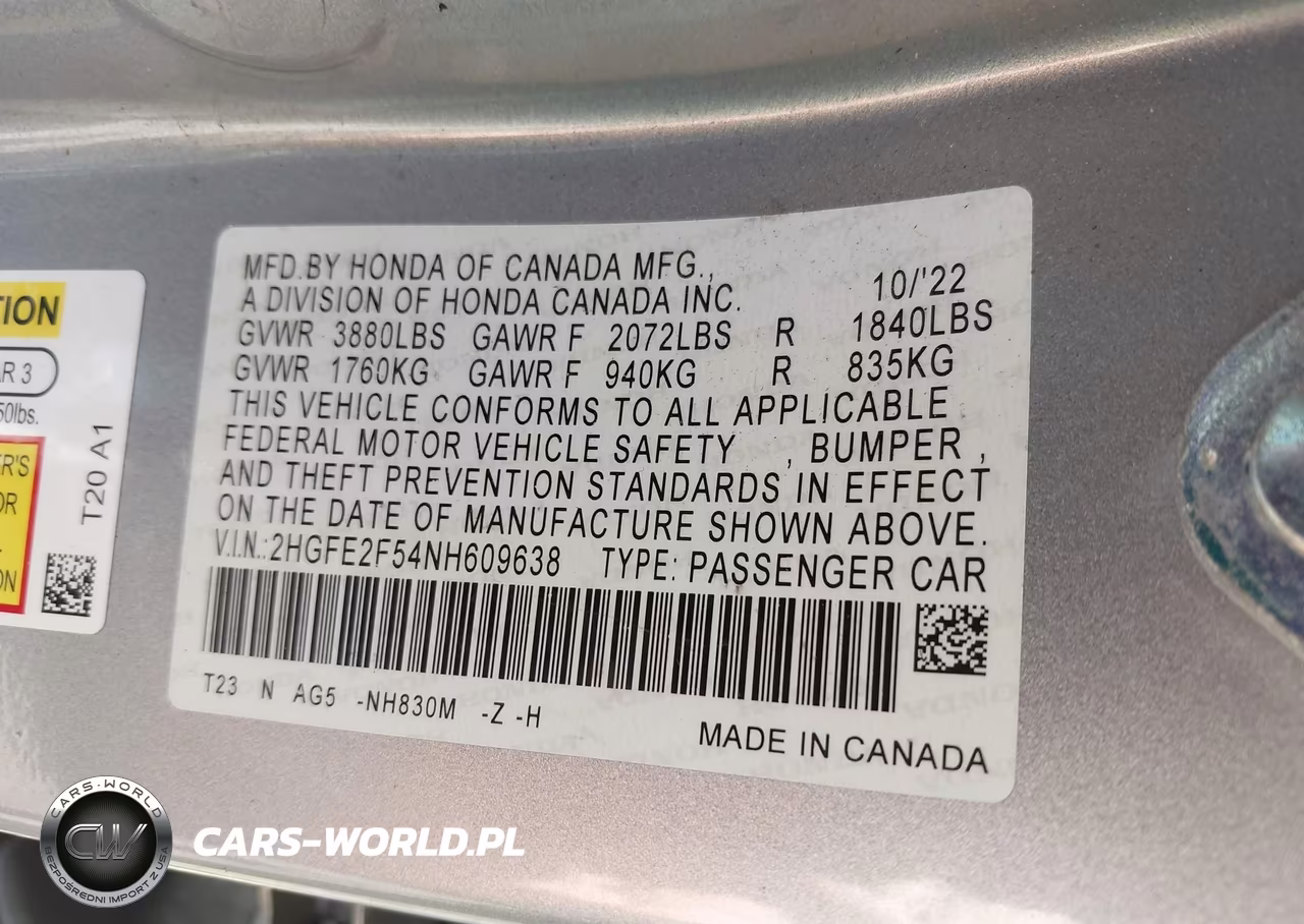 2022 Honda Civic Sport VIN:2HGFE2F54NH609638 - 9