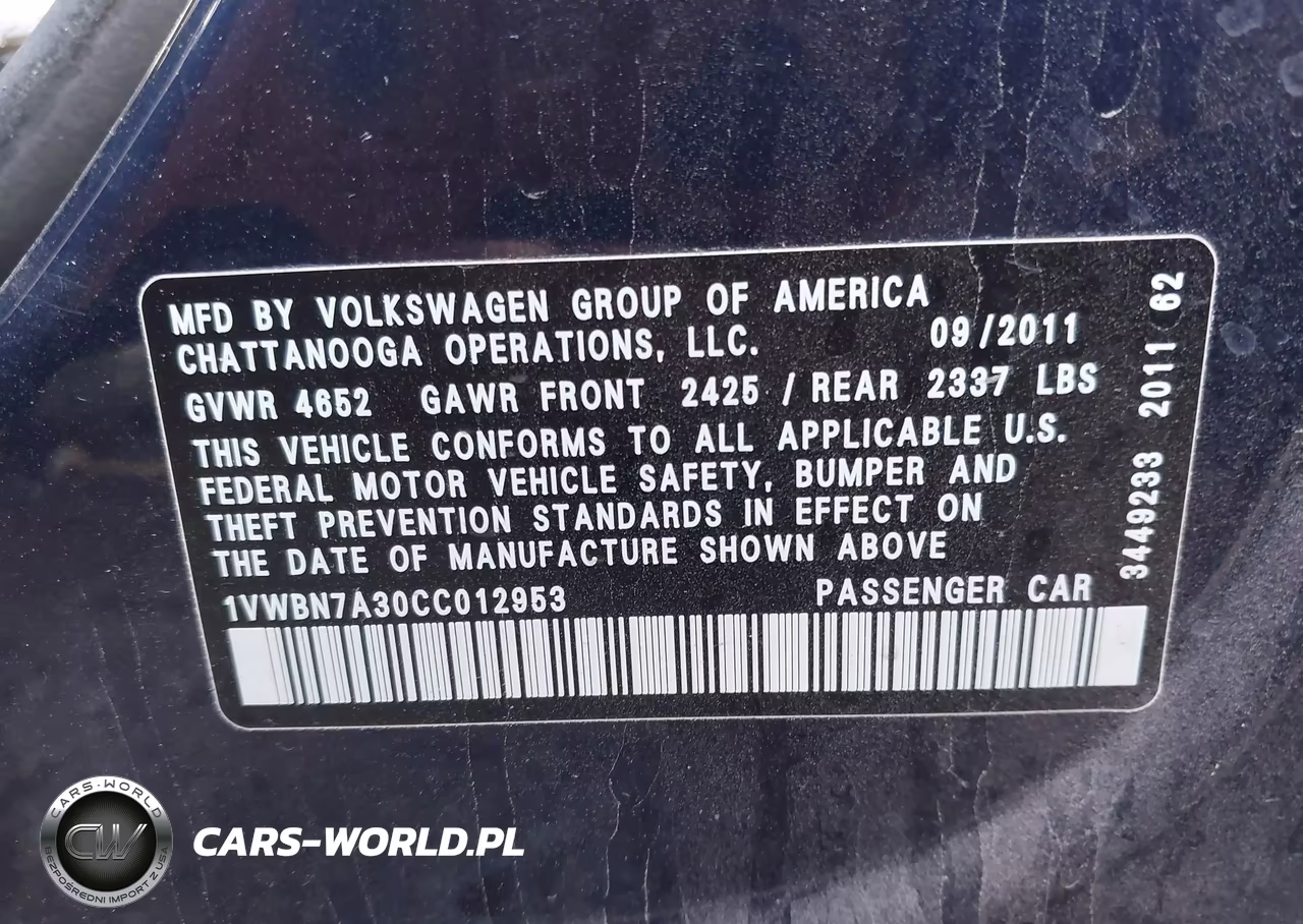 2012 Volkswagen Passat 2.0L Tdi Se VIN:1VWBN7A30CC012953 - 9