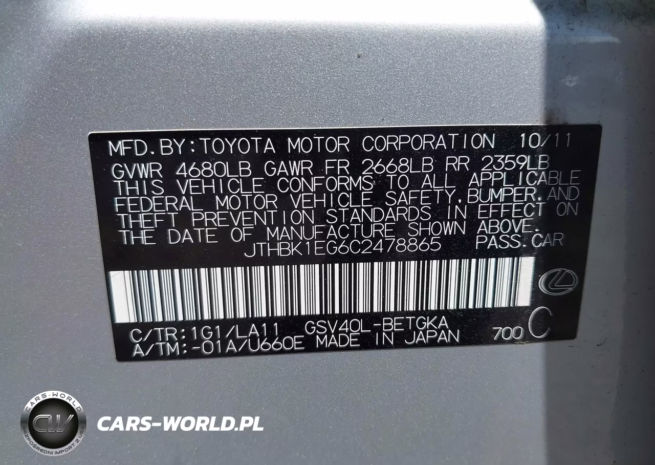 2012 Lexus Es 350 VIN:JTHBK1EG6C2478865 - 9