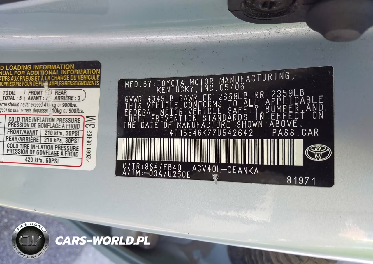 2007 Toyota Camry Le VIN:4T1BE46K77U542642 - 9