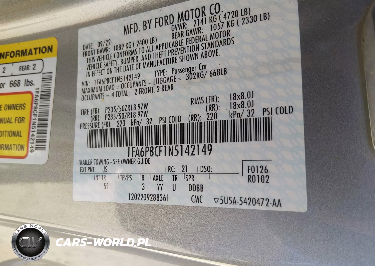2022 FORD MUSTANG GT VIN:1FA6P8CF1N5142149 - 9