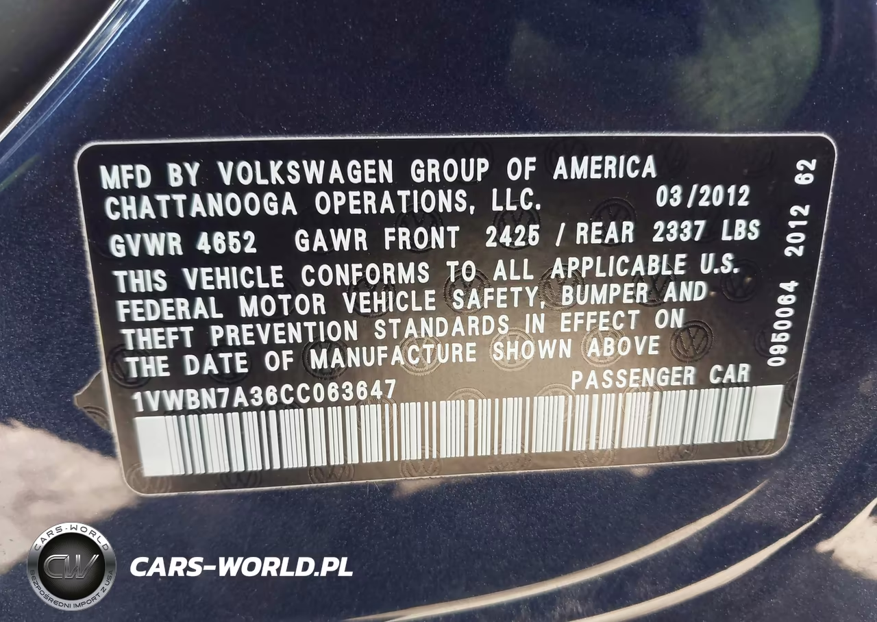 2012 Volkswagen Passat 2.0L Tdi Se VIN:1VWBN7A36CC063647 - 9