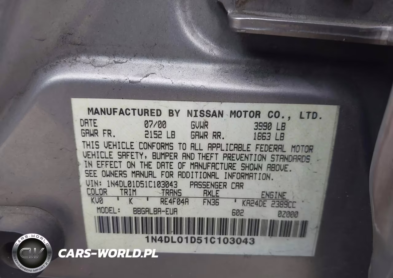 2001 Nissan Altima Gxe VIN:1N4DL01D51C103043 - 9