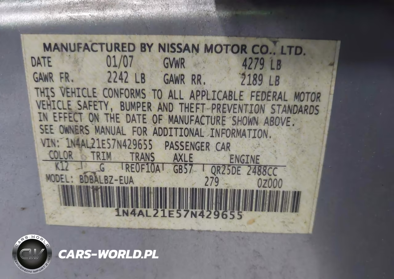 2007 Nissan Altima 2.5 S VIN:1N4AL21E57N429655 - 9