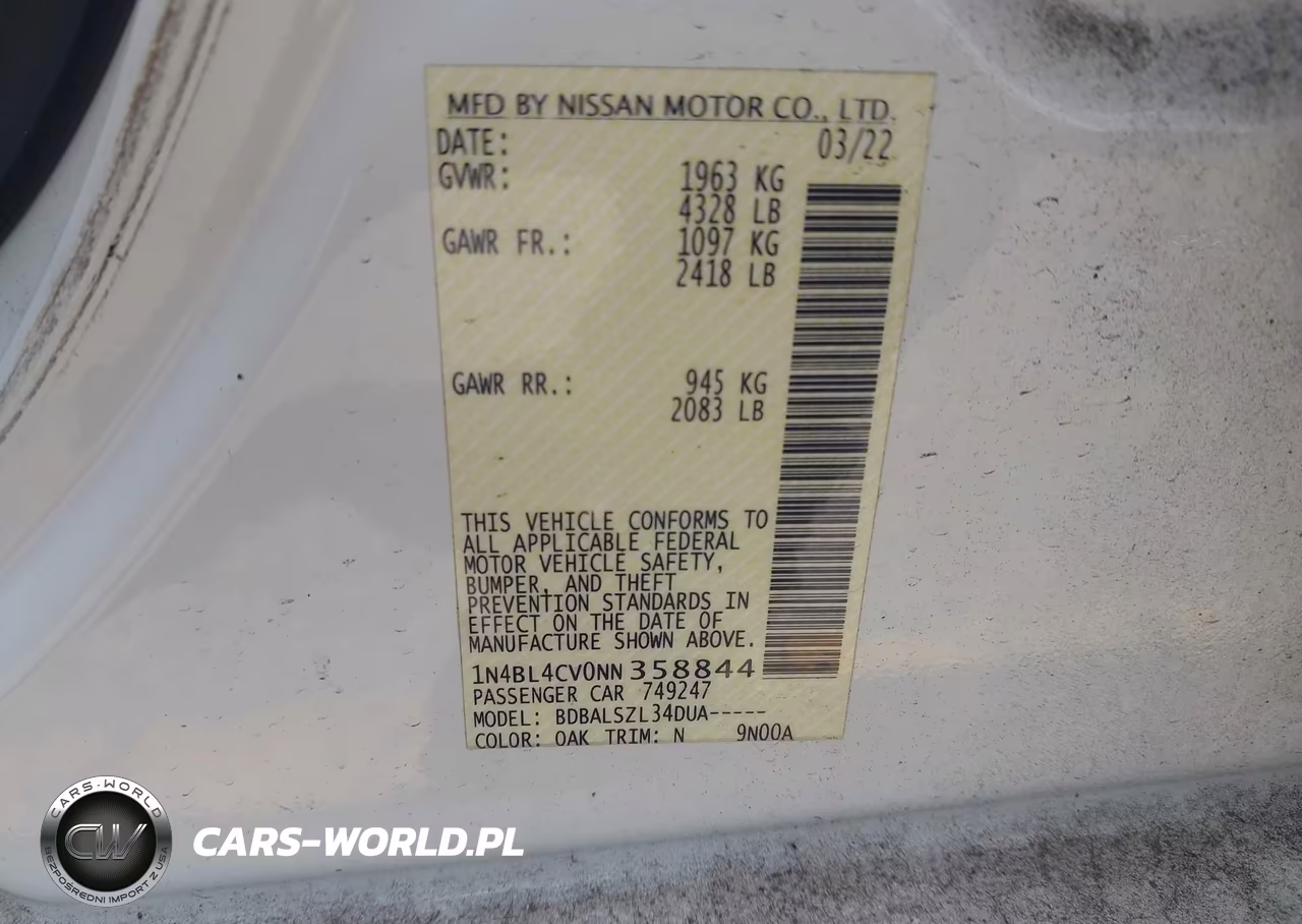 2022 Nissan Altima Sr Fwd VIN:1N4BL4CV0NN358844 - 9