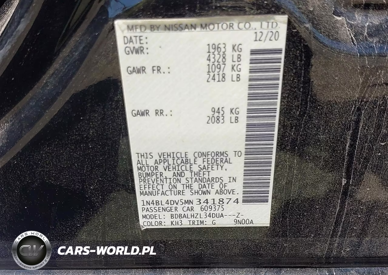 2021 Nissan Altima Sv Fwd VIN:1N4BL4DV5MN341874 - 9