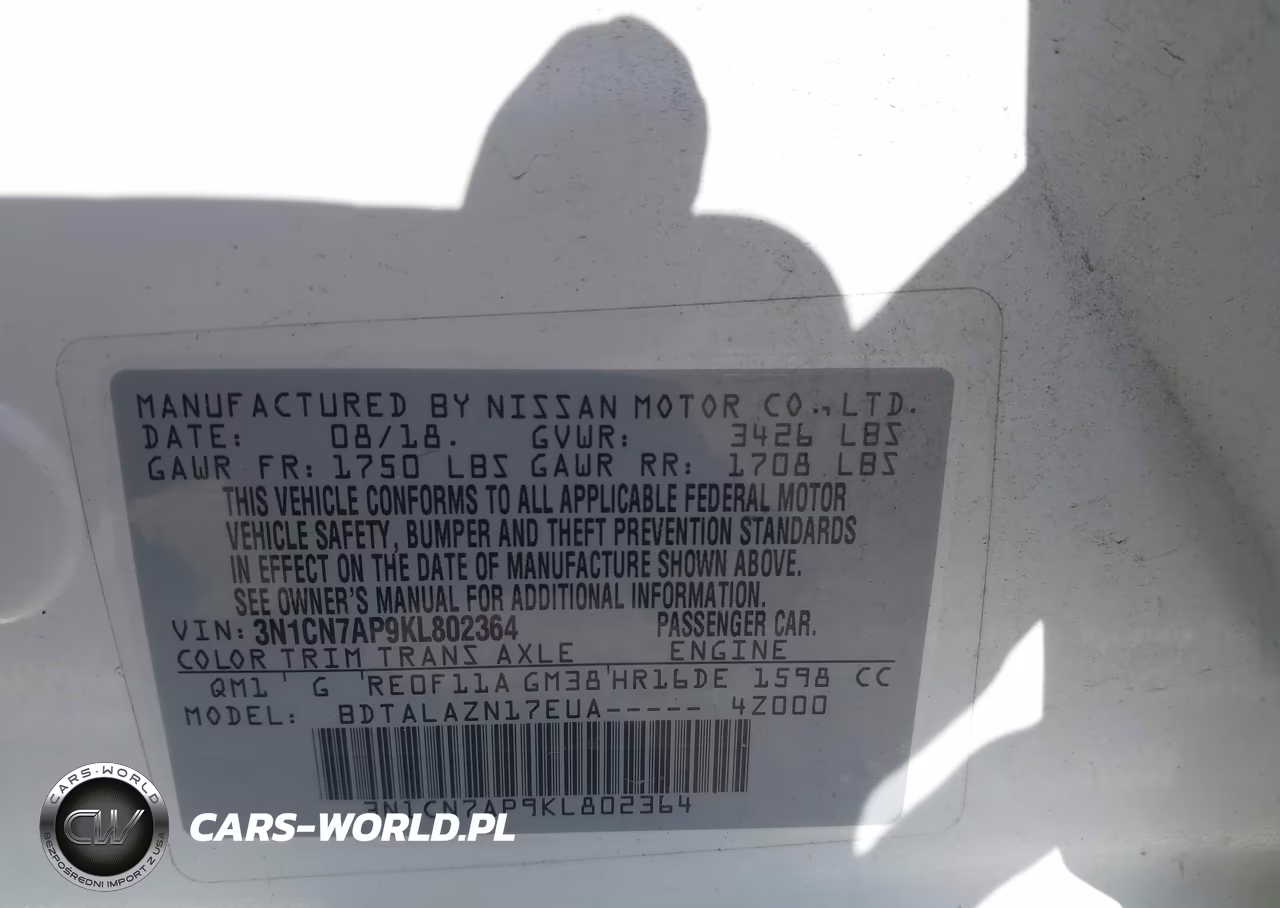 2019 Nissan Versa 1.6 S+ VIN:3N1CN7AP9KL802364 - 9