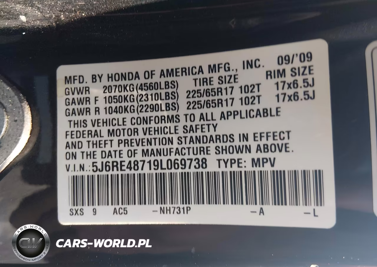 2009 Honda Cr-V Ex-L VIN:5J6RE48719L069738 - 9
