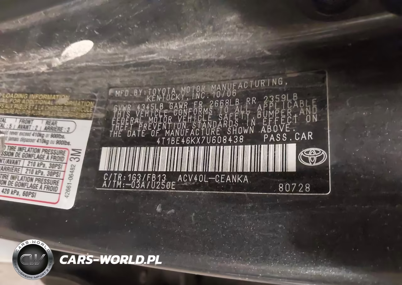 2007 Toyota Camry Le VIN:4T1BE46KX7U608438 - 9