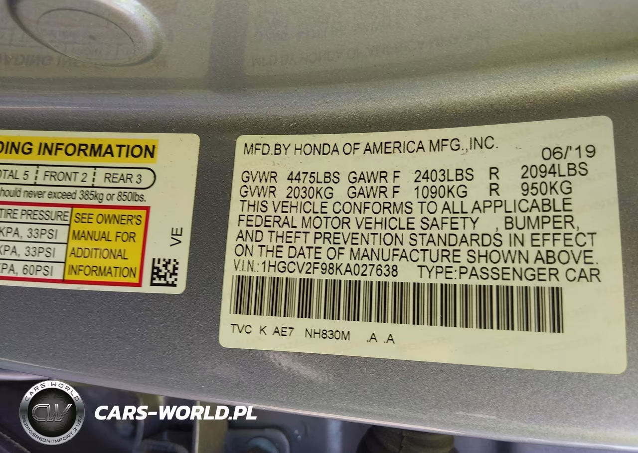 2019 Honda Accord Touring 2.0T VIN:1HGCV2F98KA027638 - 9