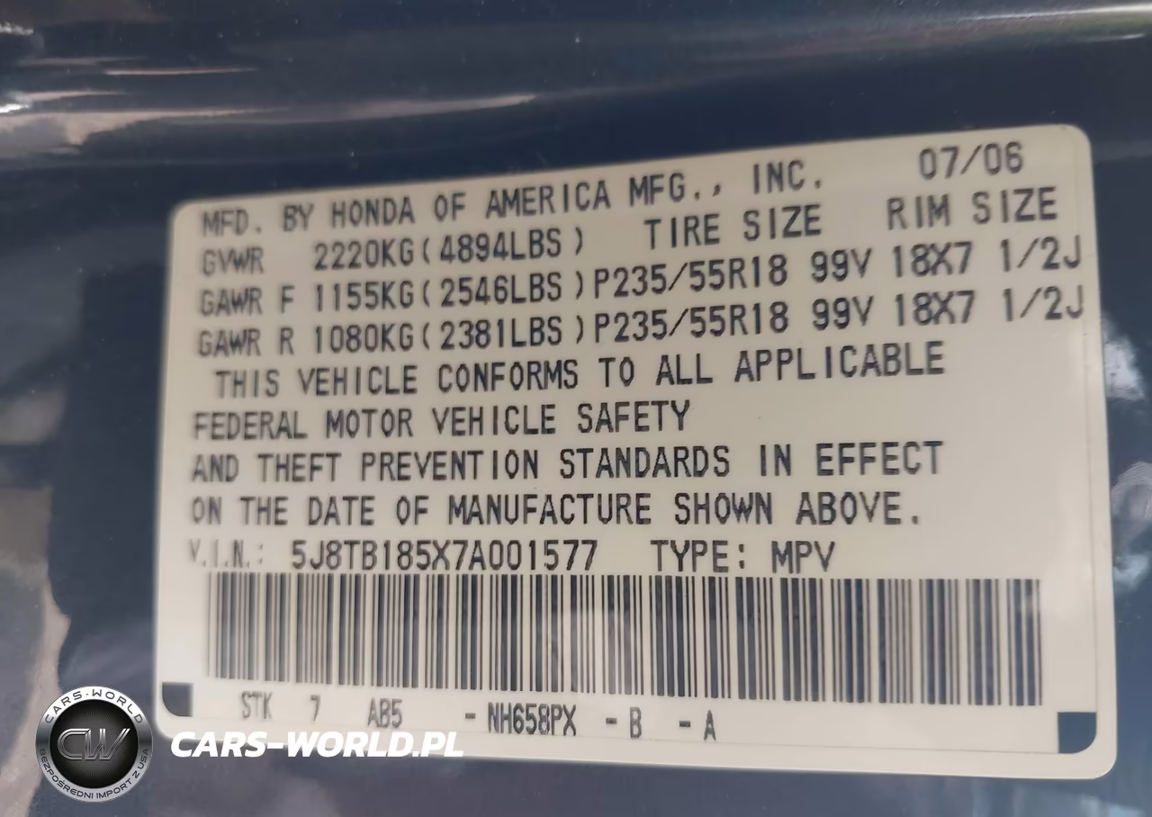 2007 Acura Rdx VIN:5J8TB185X7A001577 - 9