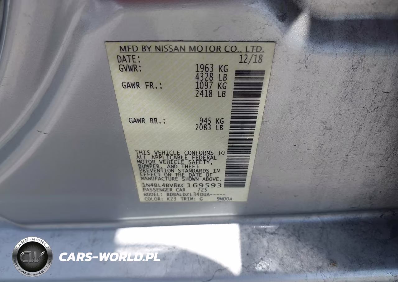 2019 Nissan Altima 2.5 S VIN:1N4BL4BV8KC169593 - 9