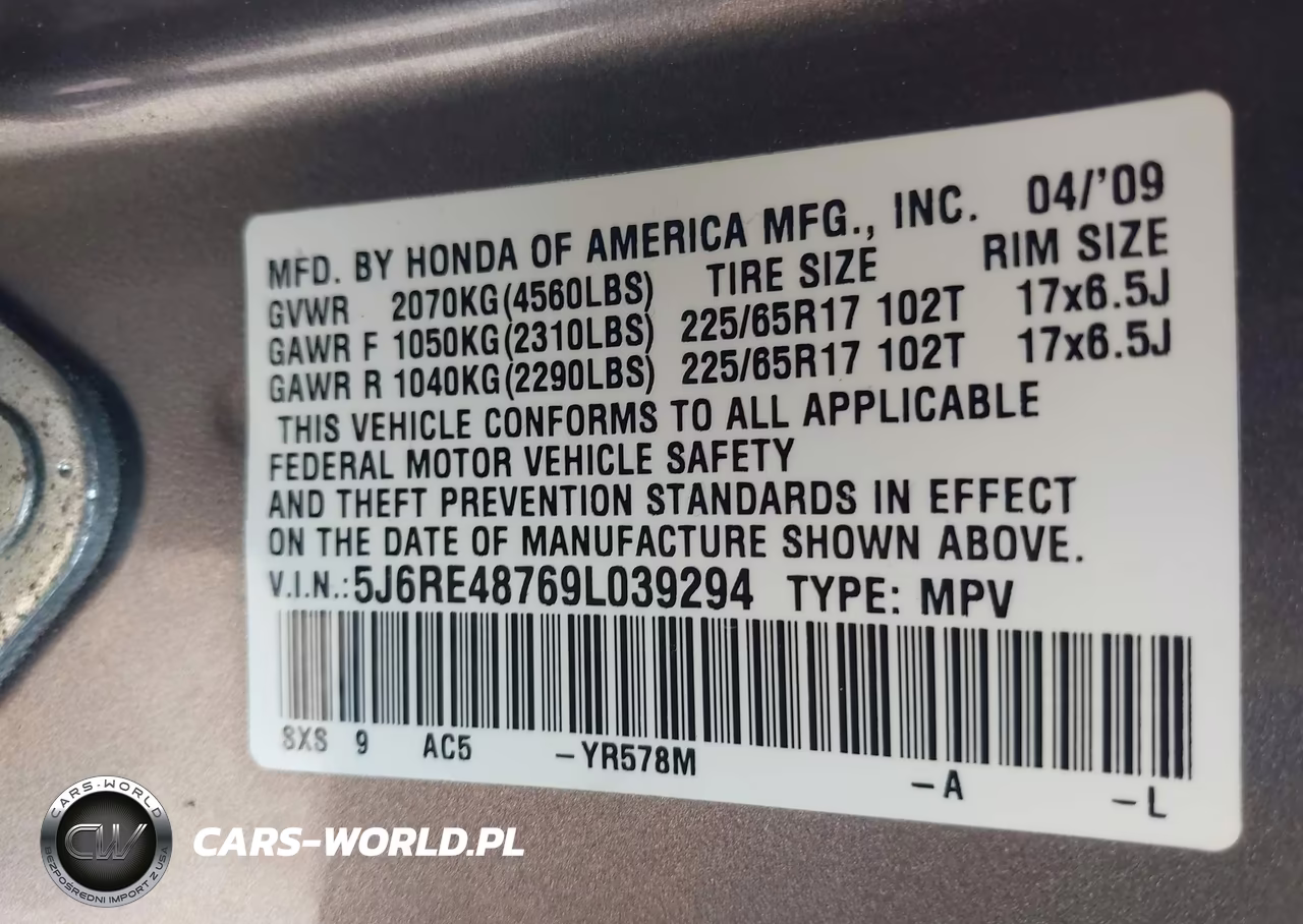 2009 Honda Cr-V Ex-L VIN:5J6RE48769L039294 - 9