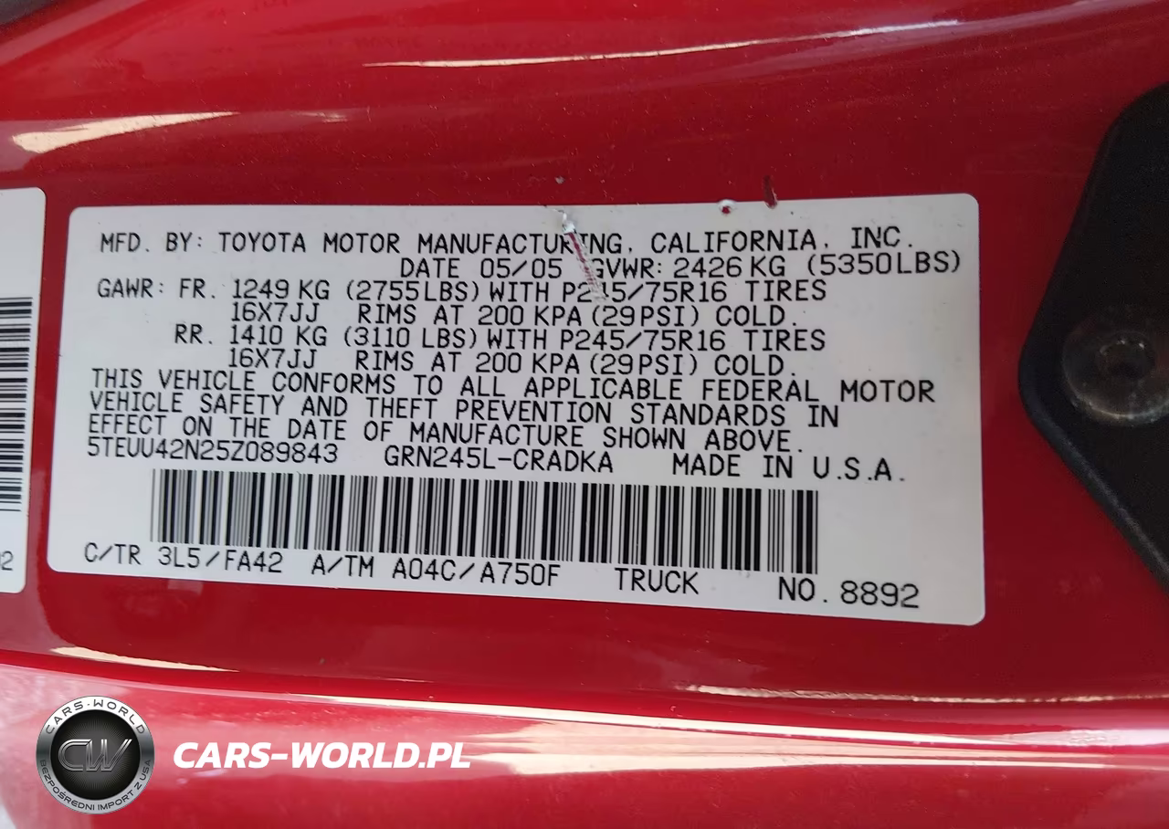2005 Toyota Tacoma Base V6 VIN:5TEUU42N25Z089843 - 9