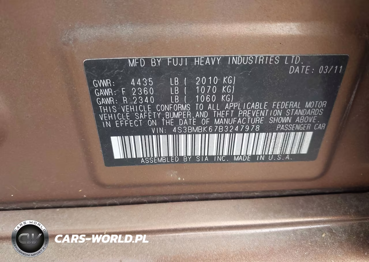 2011 Subaru Legacy 2.5I Limited VIN:4S3BMBK67B3247978 - 9