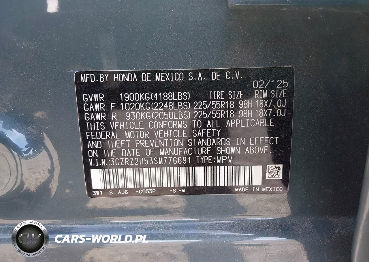 2025 Honda Hr-V Awd Sport VIN:3CZRZ2H53SM776691 - 9