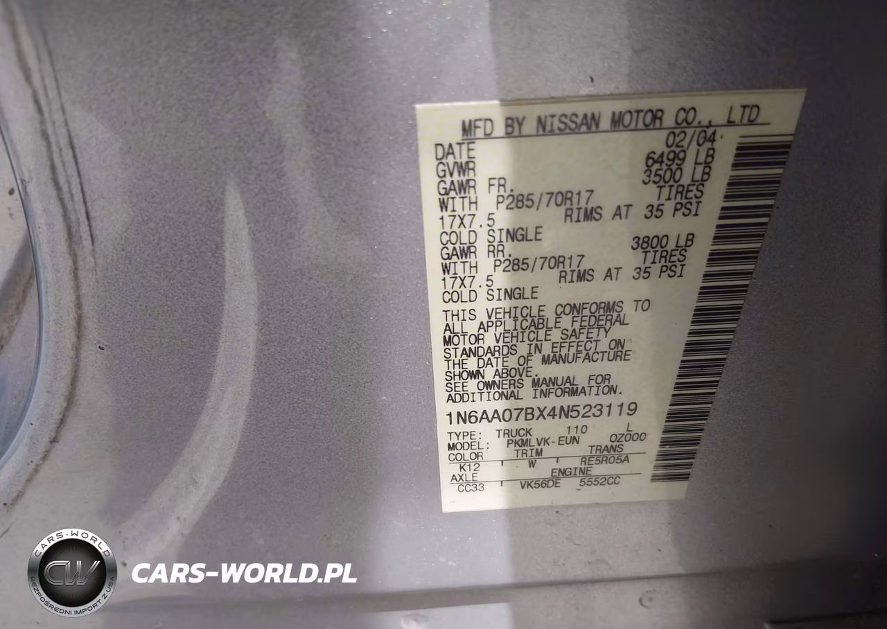 2004 Nissan Titan Le VIN:1N6AA07BX4N523119 - 9