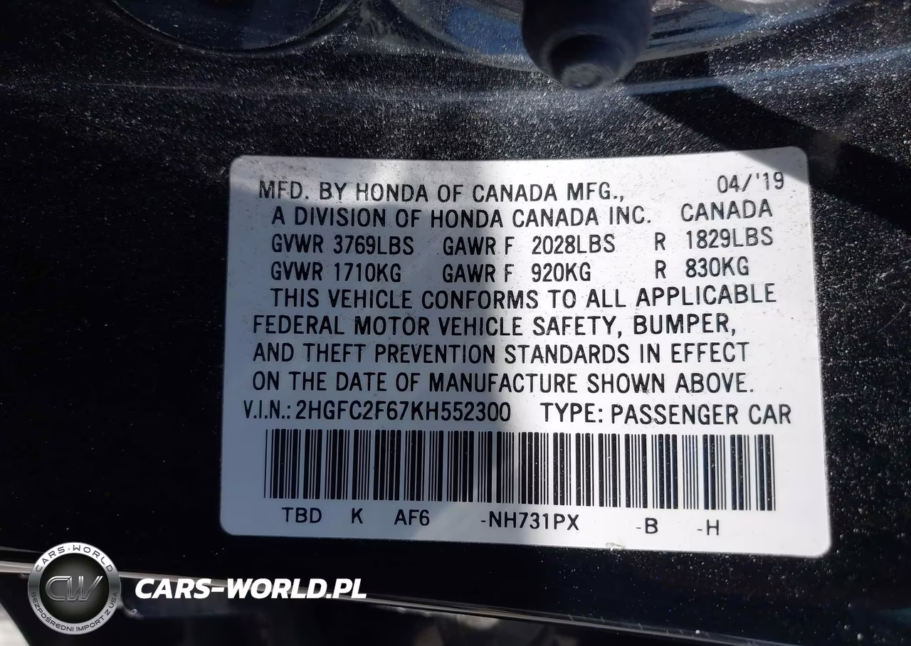 2019 Honda Civic Lx VIN:2HGFC2F67KH552300 - 9
