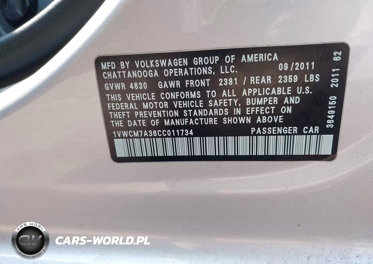 2012 Volkswagen Passat 3.6L V6 Sel Premium VIN:1VWCM7A36CC011734 - 9