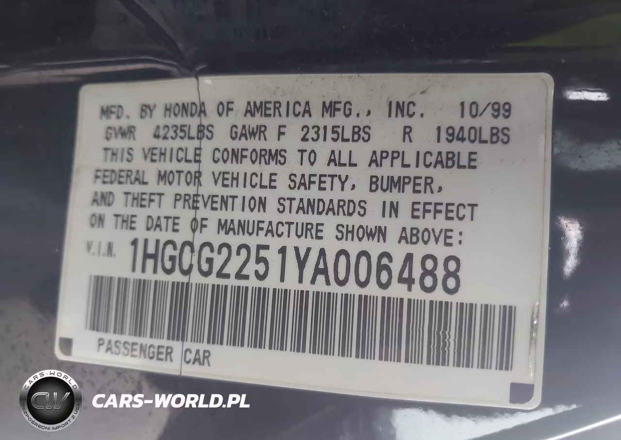2000 Honda Accord 3.0 Ex VIN:1HGCG2251YA006488 - 9