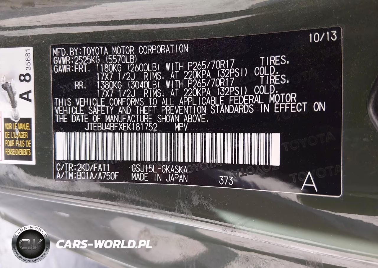 2014 Toyota Fj Cruiser VIN:JTEBU4BFXEK181752 - 9