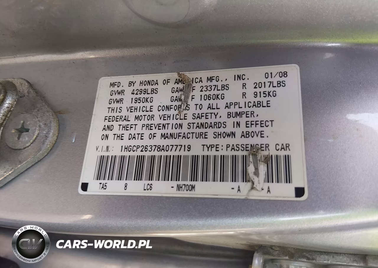 2008 Honda Accord 2.4 Lx VIN:1HGCP26378A077719 - 9