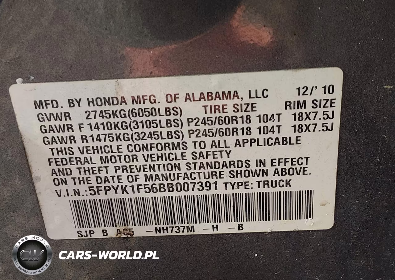 2011 Honda Ridgeline Rtl VIN:5FPYK1F56BB007391 - 9