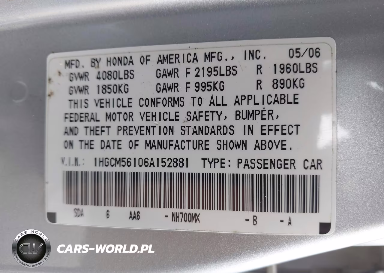 2006 Honda Accord 2.4 Vp VIN:1HGCM56106A152881 - 9