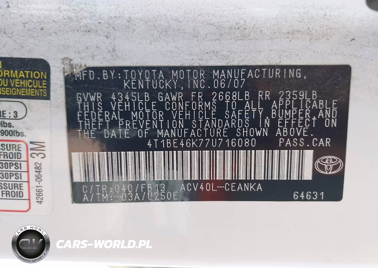 2007 Toyota Camry Le VIN:4T1BE46K77U716080 - 9