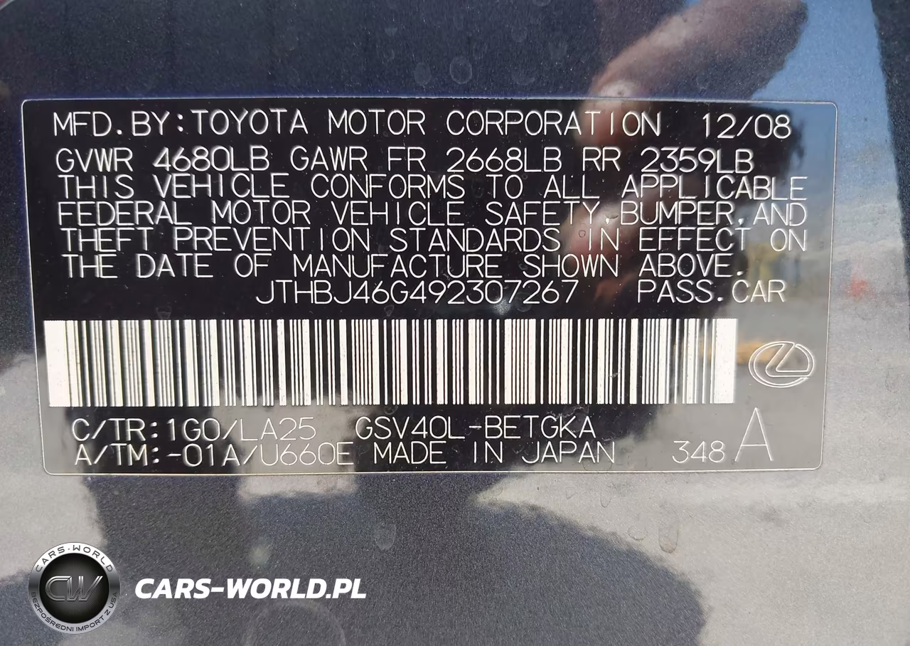 2009 Lexus Es 350 VIN:JTHBJ46G492307267 - 9