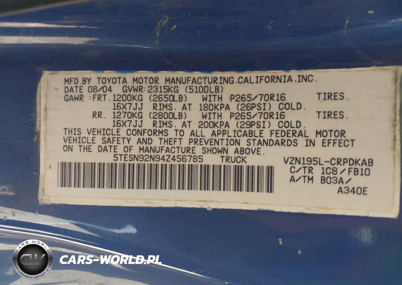 2004 Toyota Tacoma Prerunner V6 VIN:5TESN92N94Z456785 - 9