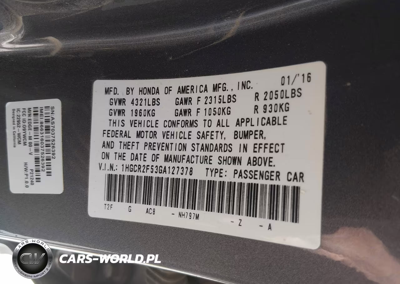 2016 Honda Accord Sport VIN:1HGCR2F53GA127378 - 9