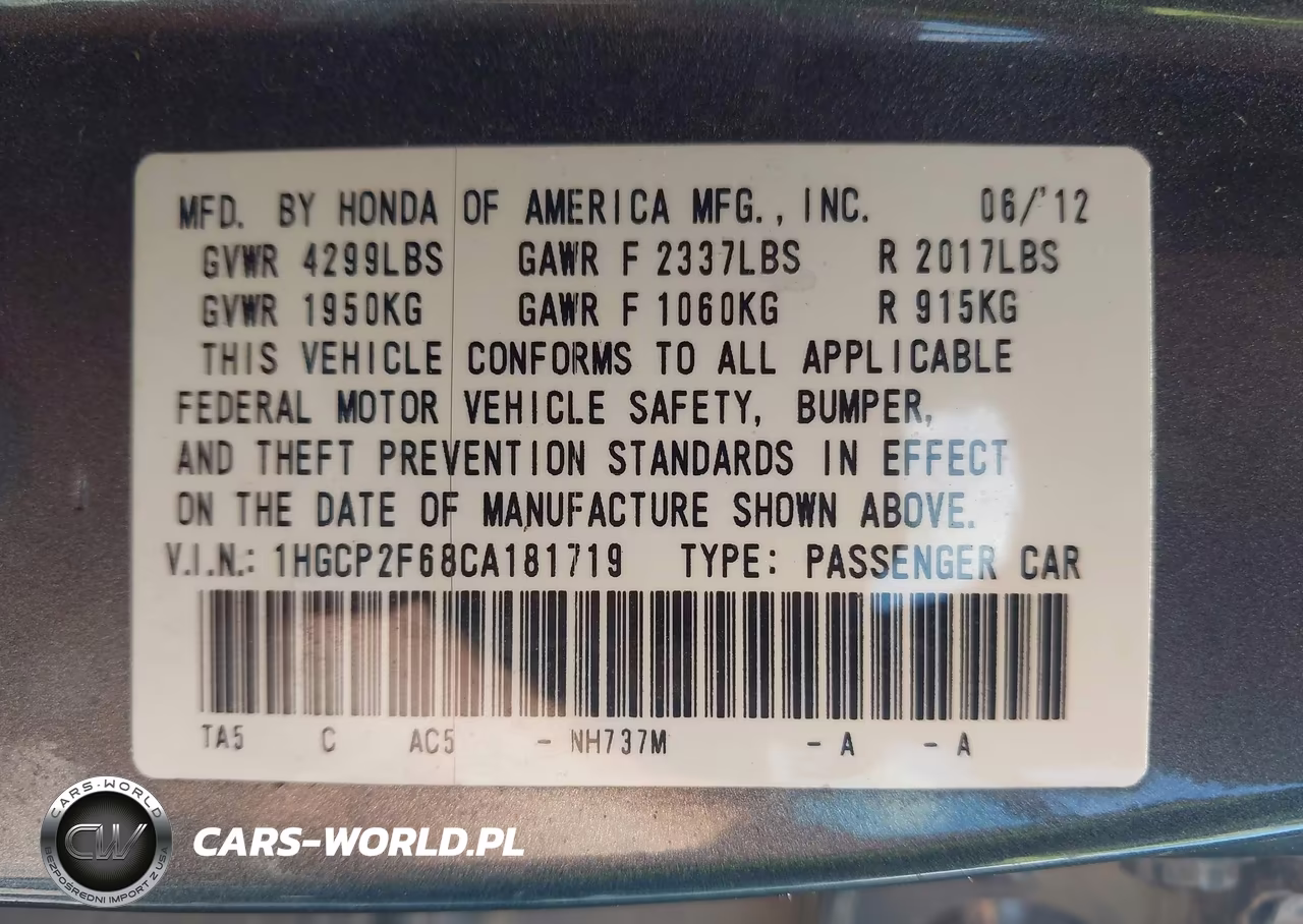 2012 Honda Accord 2.4 Se VIN:1HGCP2F68CA181719 - 9