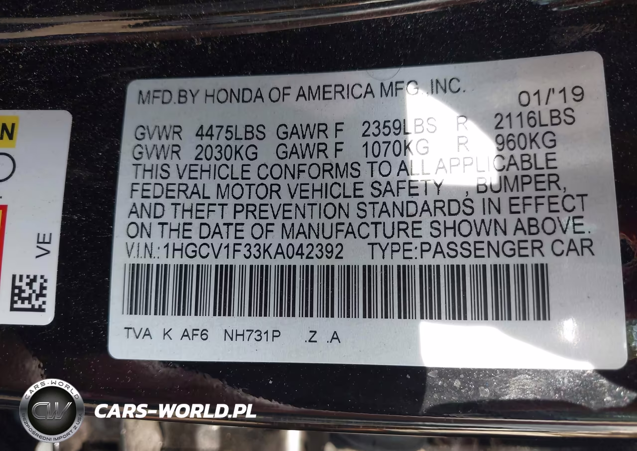2019 Honda Accord Sport VIN:1HGCV1F33KA042392 - 9