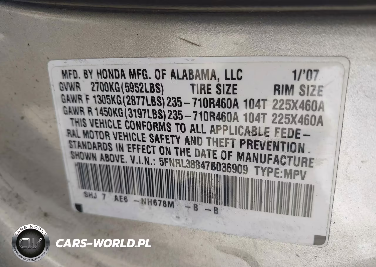 2007 Honda Odyssey Touring VIN:5FNRL38847B036909 - 9