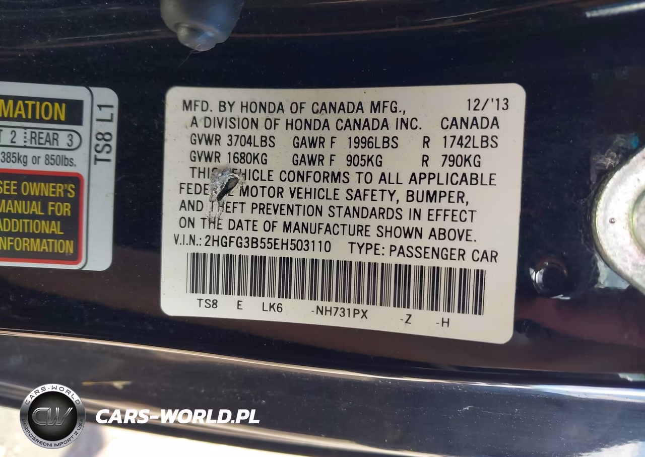 2014 Honda Civic Lx VIN:2HGFG3B55EH503110 - 9