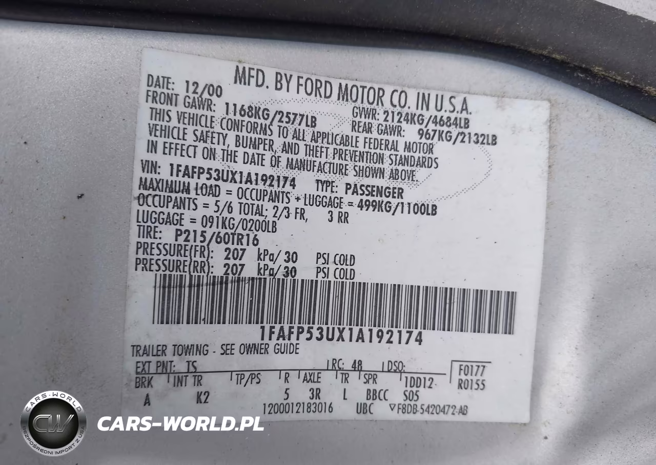2001 Ford Taurus Se VIN:1FAFP53UX1A192174 - 9