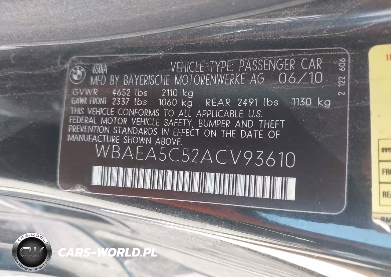 2010 BMW 650I VIN:WBAEA5C52ACV93610 - 9