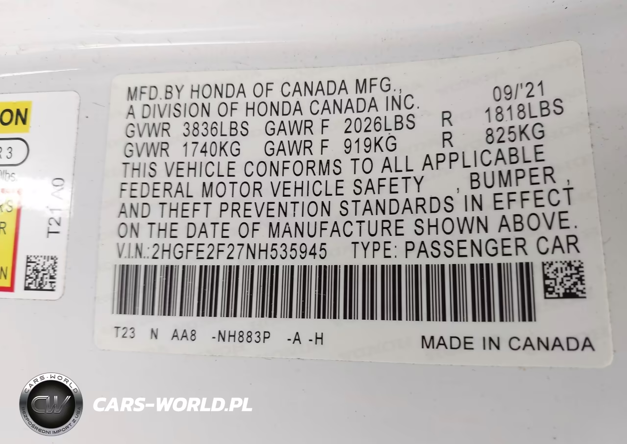 2022 Honda Civic Lx VIN:2HGFE2F27NH535945 - 9