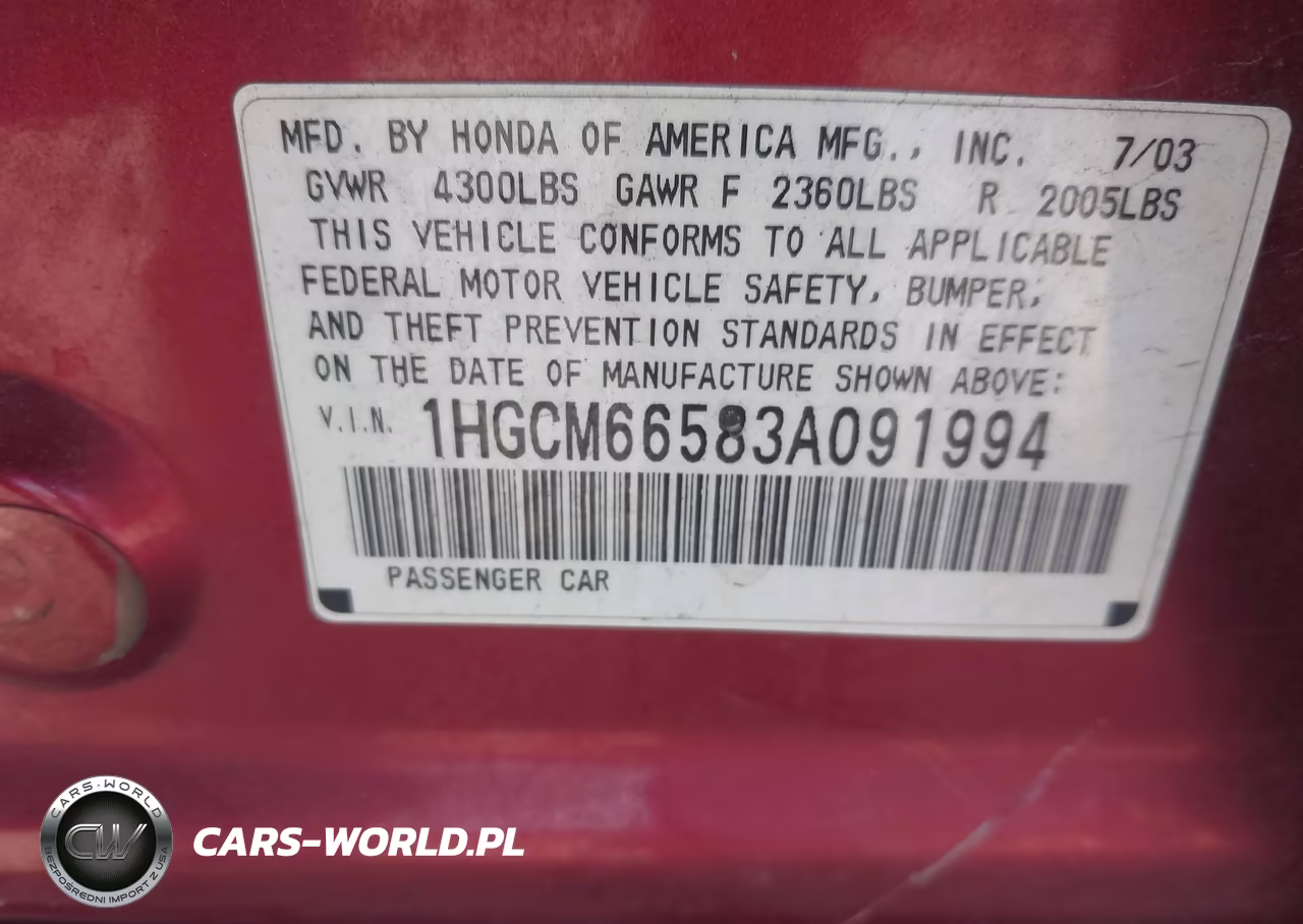 2003 Honda Accord Ex VIN:1HGCM66583A091994 - 9