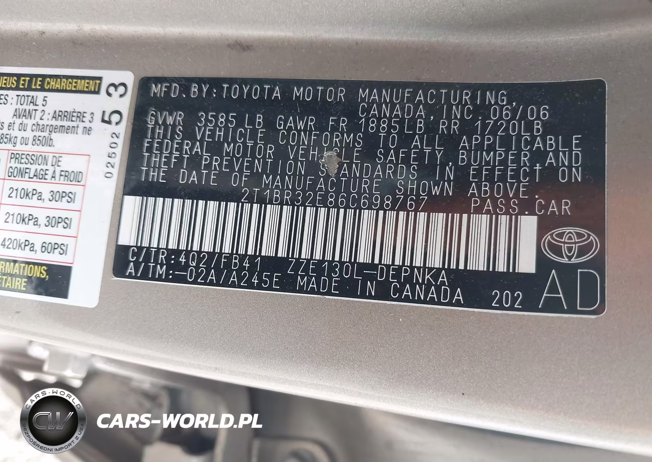 2006 Toyota Corolla Le VIN:2T1BR32E86C698767 - 9