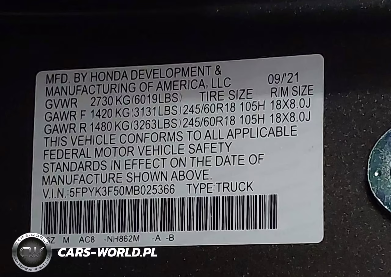 2021 Honda Ridgeline Awd Rtl VIN:5FPYK3F50MB025366 - 9