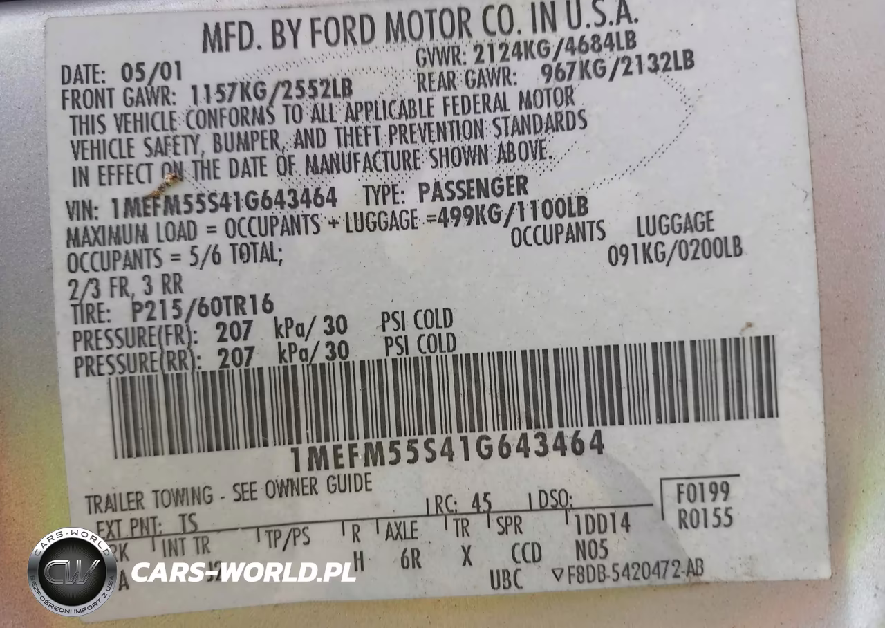 2001 Mercury Sable Ls Premium VIN:1MEFM55S41G643464 - 9