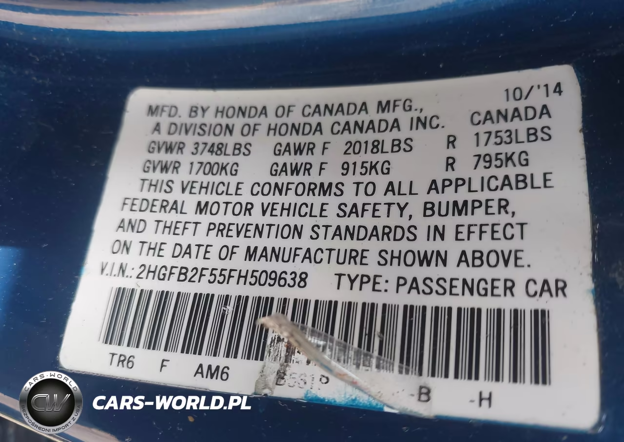 2015 HONDA CIVIC LX VIN:2HGFB2F55FH509638 - 9